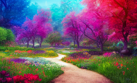 magical garden landscape with flowers and colorful trees 10の写真素材