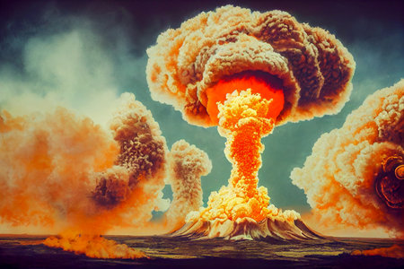Atom bomb explosion and mushroom in the sky, Generative AI Art Illustrationの素材