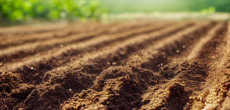 Agriculture background. Closeup of rows of soil on plantation.の写真素材
