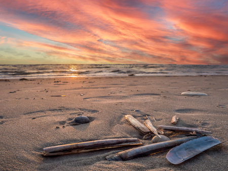 sunset on the north sea beachの写真素材