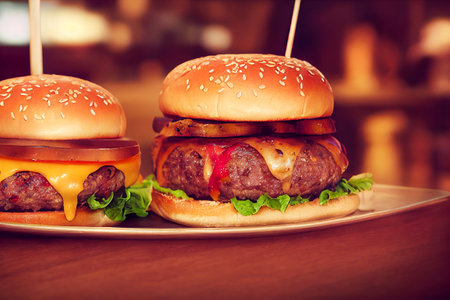 Hamburger on a wooden background, generative ai 01の素材
