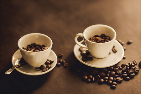 Coffee cup with coffee beans on wooden background. Vintage tone.の素材