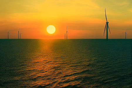 wind turbine park at sunset in the sea, generative aiの素材