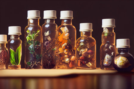 many bottles of medicine and spice background, generative AI illustrationの素材