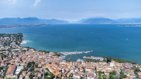 aerial view of the city of Desenzano del Gardaの写真素材