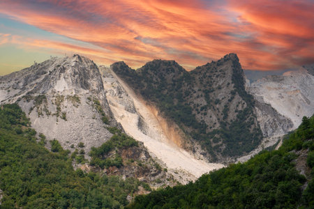 Sunset in the Marble Mountains of Carrara in Tuscany, Italyの写真素材
