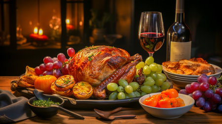 roast turkey on a wooden table with red wine for thanksgivingの素材