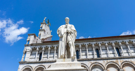 the cathedral with statue in lucca, tuscany italyのeditorial素材