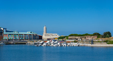 view of the port with lighthouse in livorno, italyのeditorial素材