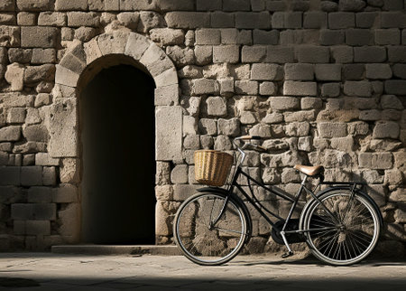 old bicycle in front of a brick wallの素材
