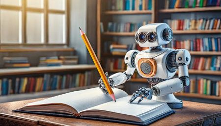 robot with pencil and books in libraryの素材