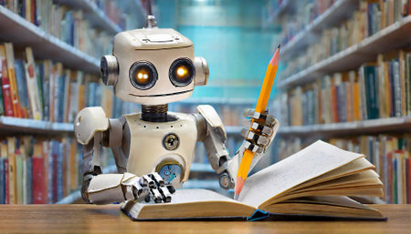 robot with pencil and books in libraryの素材