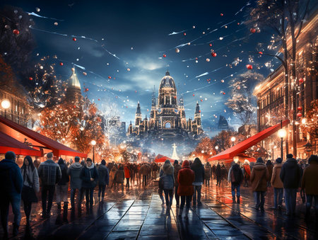 Christmas market in the city at nightの素材
