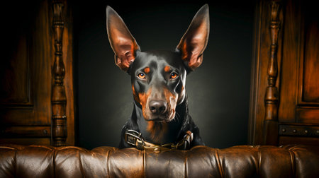 portrait of a black doberman dog with couchの素材
