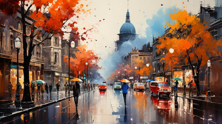 abstract painting in the autumn rainy cityの素材