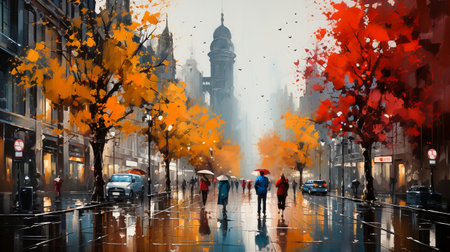 abstract painting in the autumn rainy cityの素材