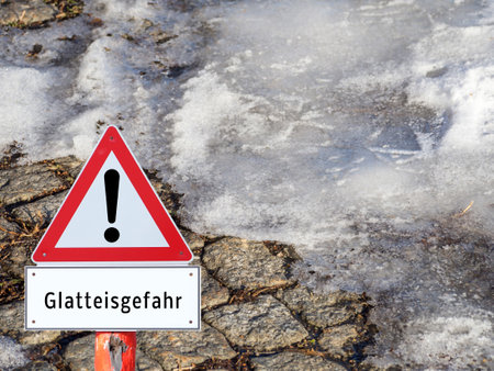 Warning sign: danger of black ice on the footpath in winter in Germanの写真素材