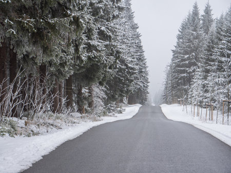 Winter road with snow in the Erzgebirge, Germanyの写真素材