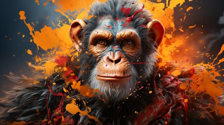 Painting of a monkey face with colorful paint splattersの素材