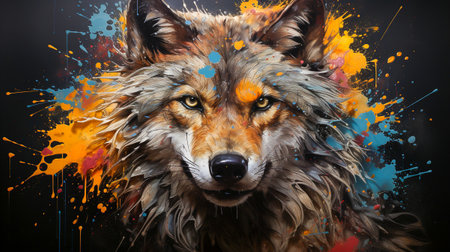 Painting of a wolf face with colorful paint splattersの素材