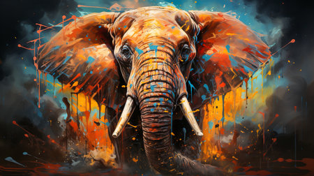 Painting of an elephant face with colorful paint splattersの素材