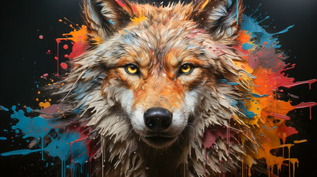 Painting of a wolf face with colorful paint splattersの素材