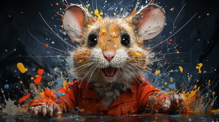 painting of a mouse face with colorful paint splattersの素材