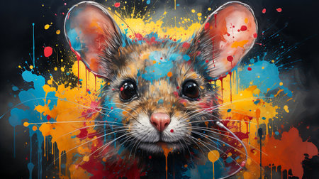 painting of a mouse face with colorful paint splattersの素材