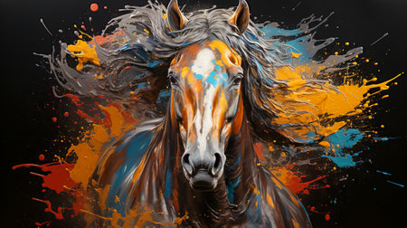 painting of a horse face with colorful paint splattersの素材