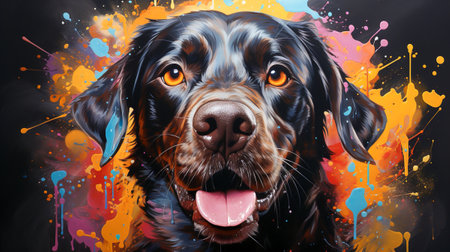 Painting of a Labrador dog face with colorful paint splattersの素材