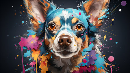 painting of a chihuahua dog face with colorful paint splattersの素材
