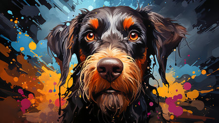 Painting of a Schnauzer dog face with colorful paint splattersの素材