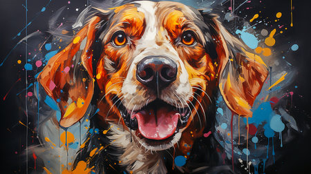 Painting of a beagle dog face with colorful paint splattersの素材
