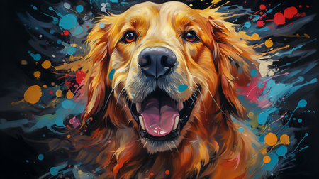 Painting of a golden retriever dog face with colorful paint splattersの素材