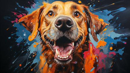 Painting of a golden retriever dog face with colorful paint splattersの素材
