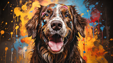 Painting of a dog's face with colorful paint splattersの素材