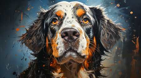 Painting of a Saint Bernard dog face with colorful paint splattersの素材