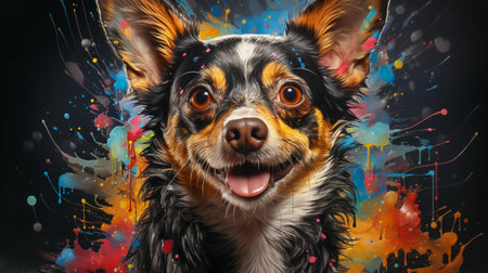 painting of a chihuahua dog face with colorful paint splattersの素材