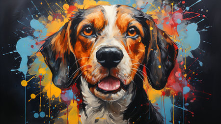 Painting of a beagle dog face with colorful paint splattersの素材