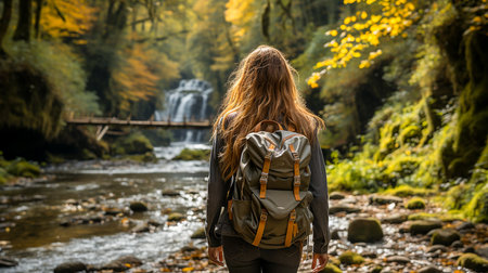 young woman with backpack in the parkの素材