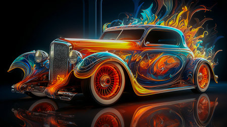 Abstract neon art for a rooster vintage car on fire flameの素材
