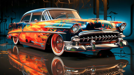 vintage roadster car with fireの素材