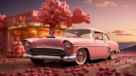 pink us car from the 50s with flowersの素材