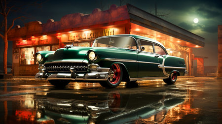 US retro car from the 50s at nightの素材