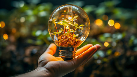 hand holding a light bulb with plant in natureの素材