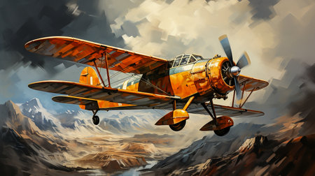 yellow propeller aircraft in the air from the 1920sの素材