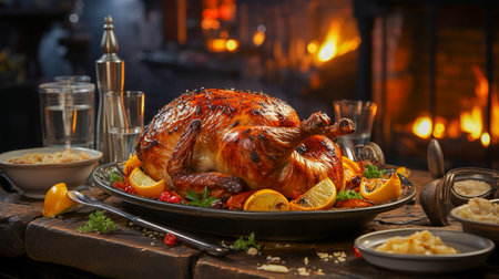 roasted chicken on the tableの素材