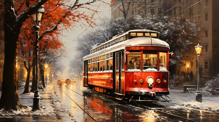 old 1920s tram in the cityの素材