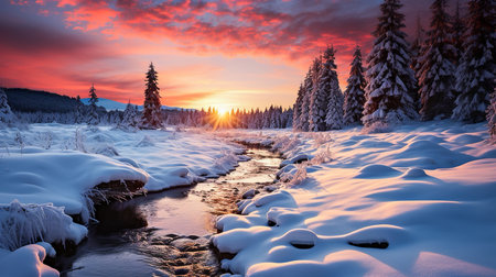 sunset over the river in the winter landscapeの素材