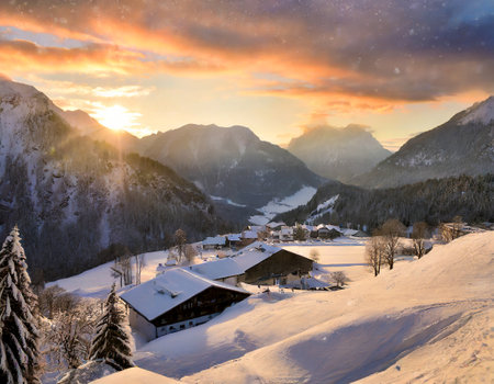 Winter landscape in the Alps with sunsetの素材